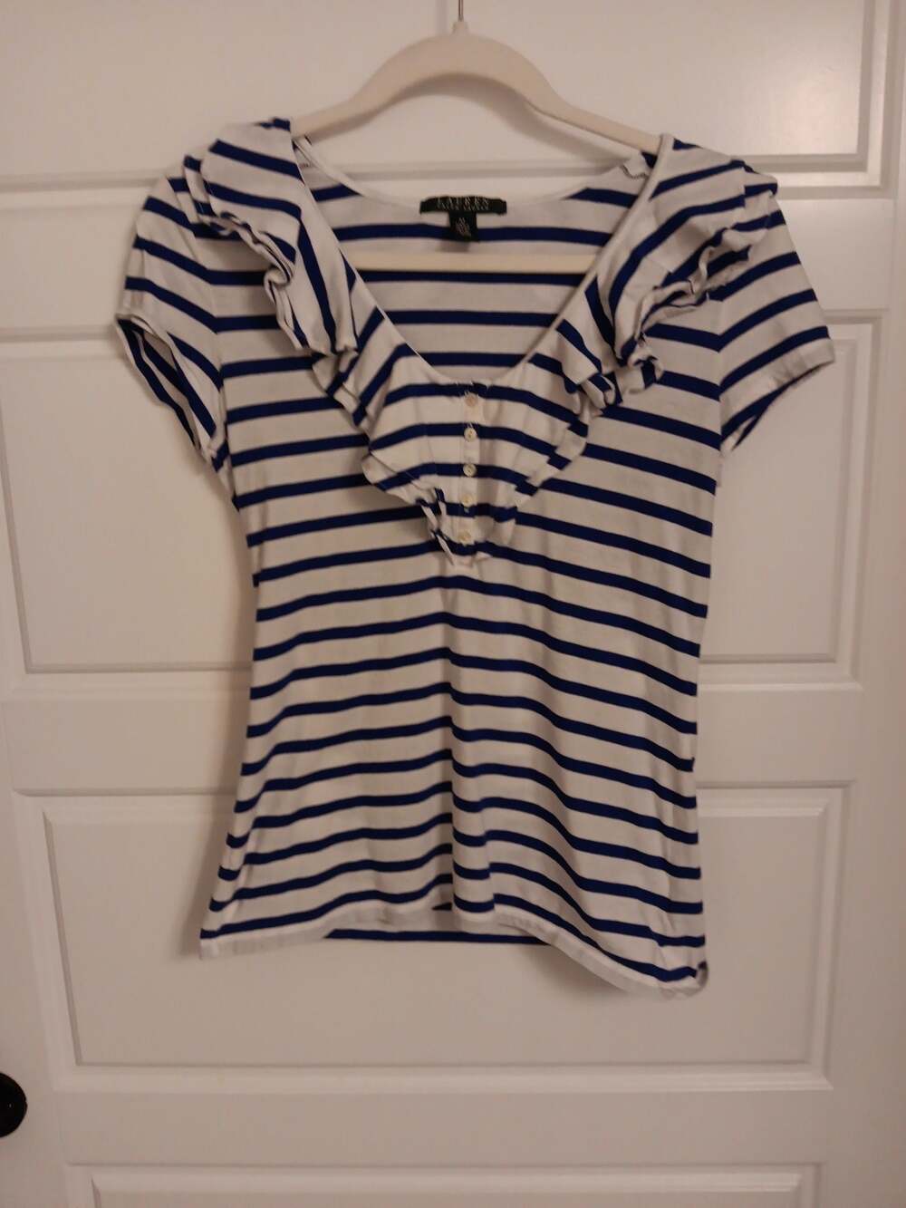 Lauren Ralph Lauren Women's Navy and White Striped Cotton Ruffle V-Neck Top